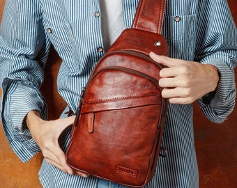 Genuine Leather men sling bag handmade, fashion chest bag for men, leather men sling backpack