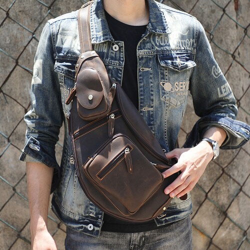 Large men sling backpack, shops brown leather men sling crossbody bag, gift for him