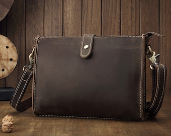 Bruine leren clutch tas voor mannen, afneembare polsband, mannen clutch portemonnee handgemaakt