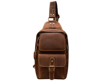 Brown men sling bag,single shoulder bag men, leather men sling backpack for travel