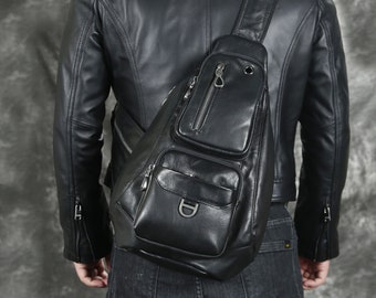 Men sling bag leather, single shoulder bag for men, black sling men's backpacks handmade