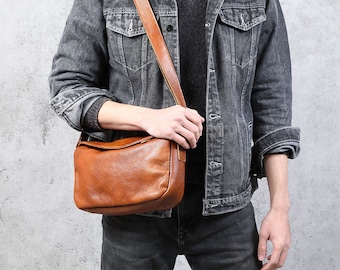 Brown leather sling bag for men,  handmade leather sling backpack crossbody