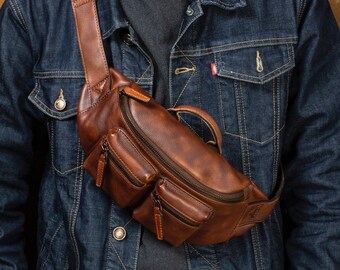 Brown leather sling backpack for men, large men crossbody sling bag, gift