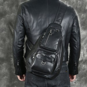 Men sling bag leather, single shoulder bag for men, black sling men's backpacks handmade