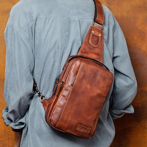Handmade sling backpack leather black/brown, leather crossbody bags for men