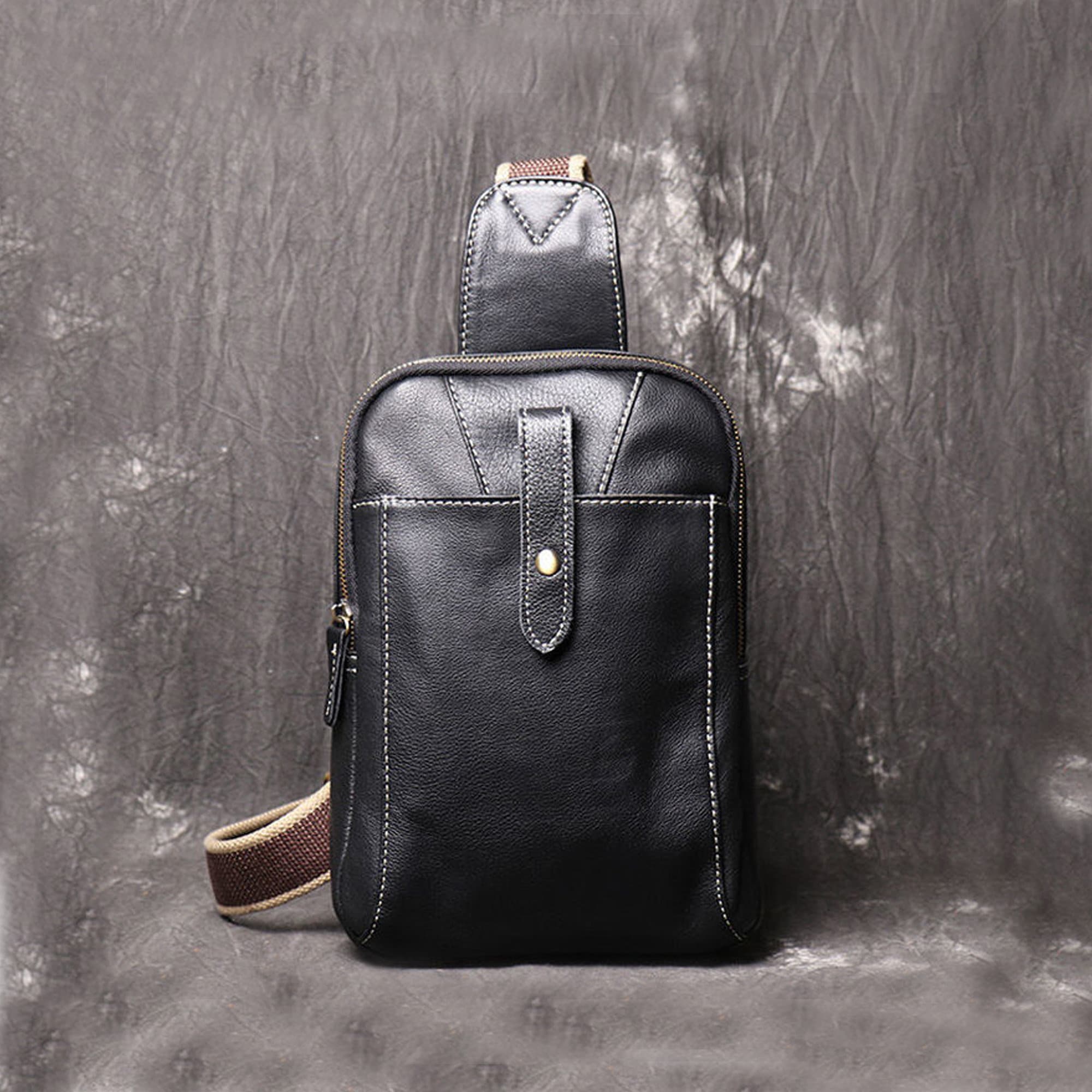 Mens black leather shop sling bag