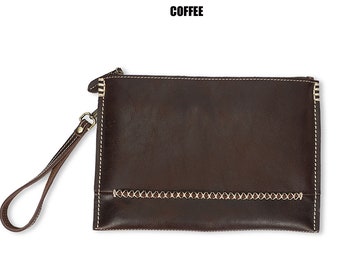 Leather clutch bag for men, slim men clutch wallet 2 colors, wrist strap