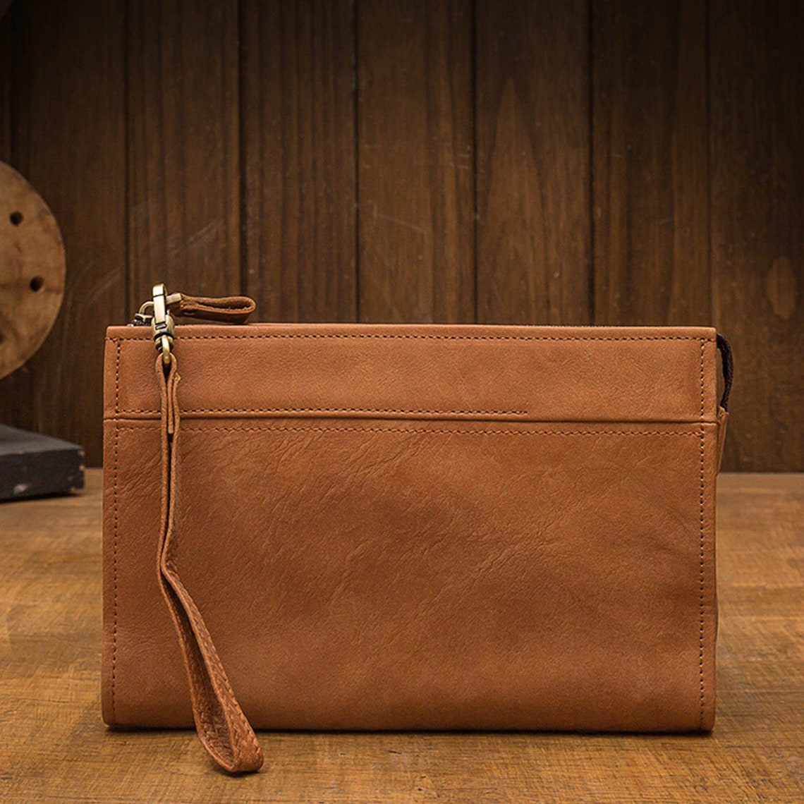 Leather Men Clutch Bag With Wrist Strap/zipper Brown Clutch Etsy