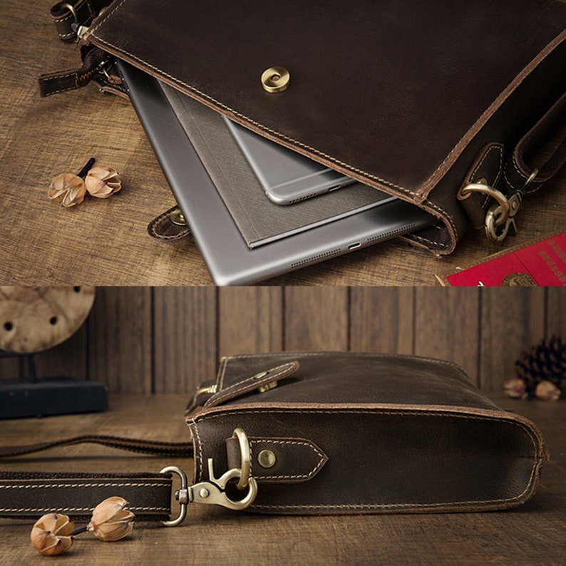 Brown leather clutch bag for men, detachable wrist strap, men clutch wallet handmade zdjęcie 5