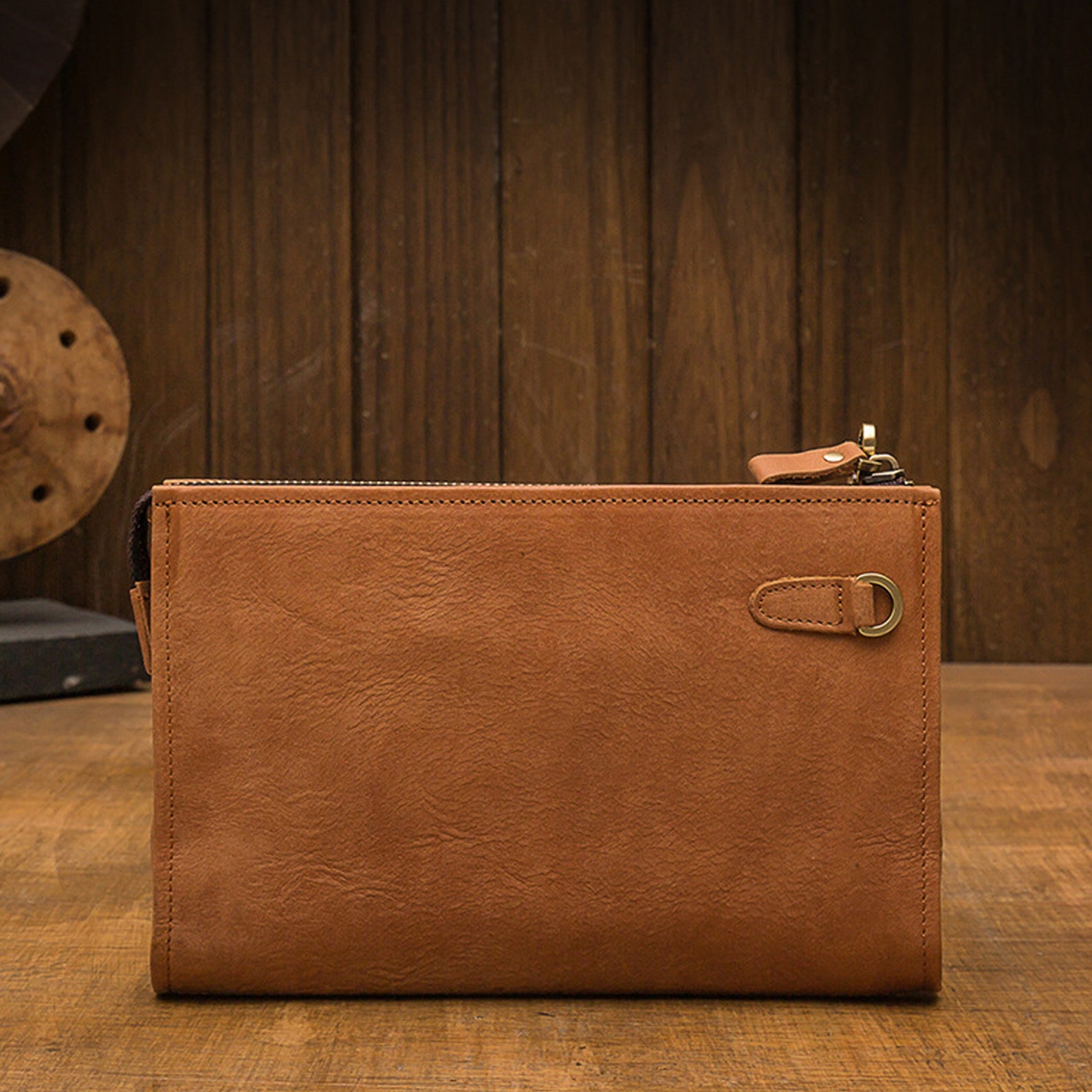 Leather Men Clutch Bag With Wrist Strap/zipper Brown Clutch Etsy