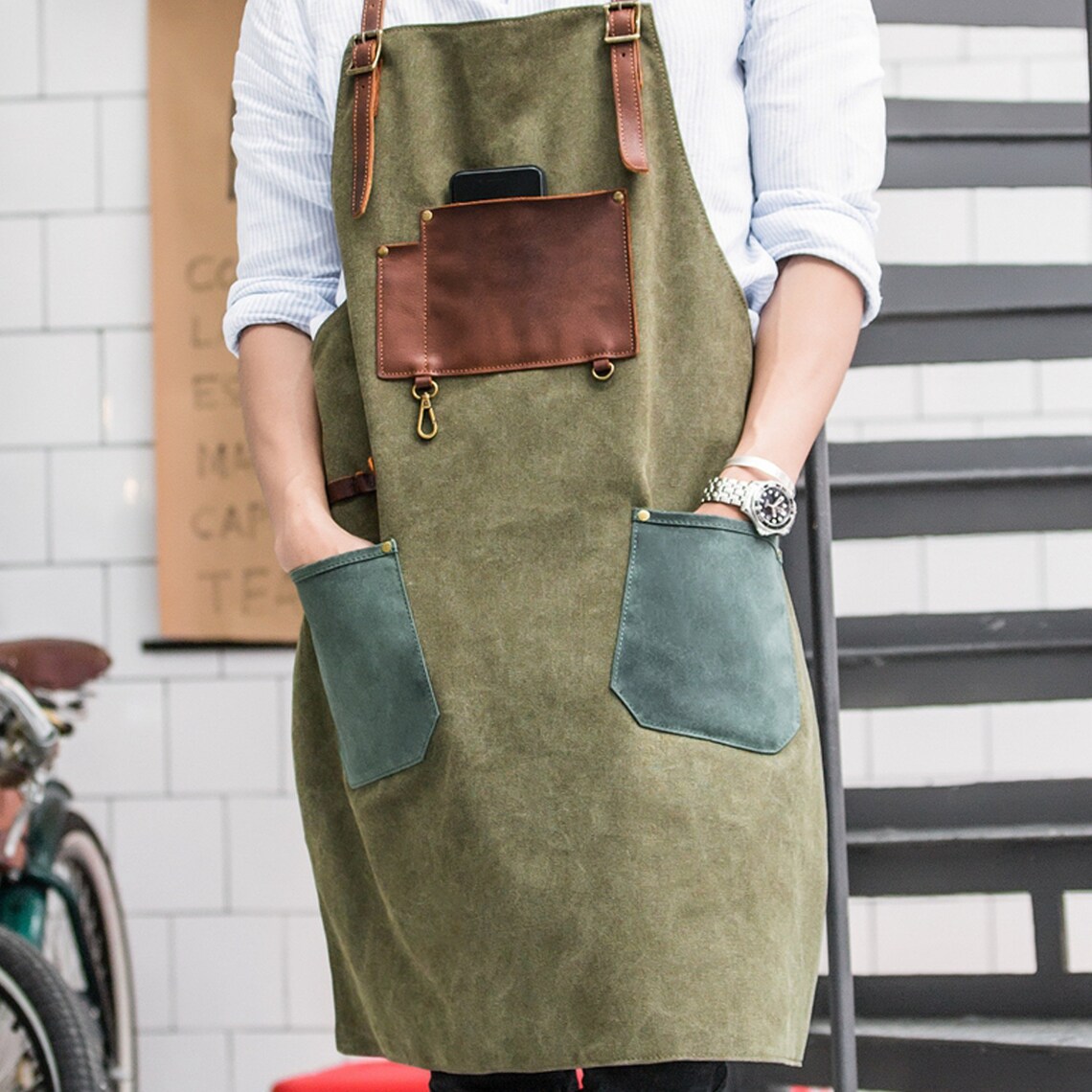 Green Work Aprons With Pockets/leather and Canvas Apron/two Color/gift