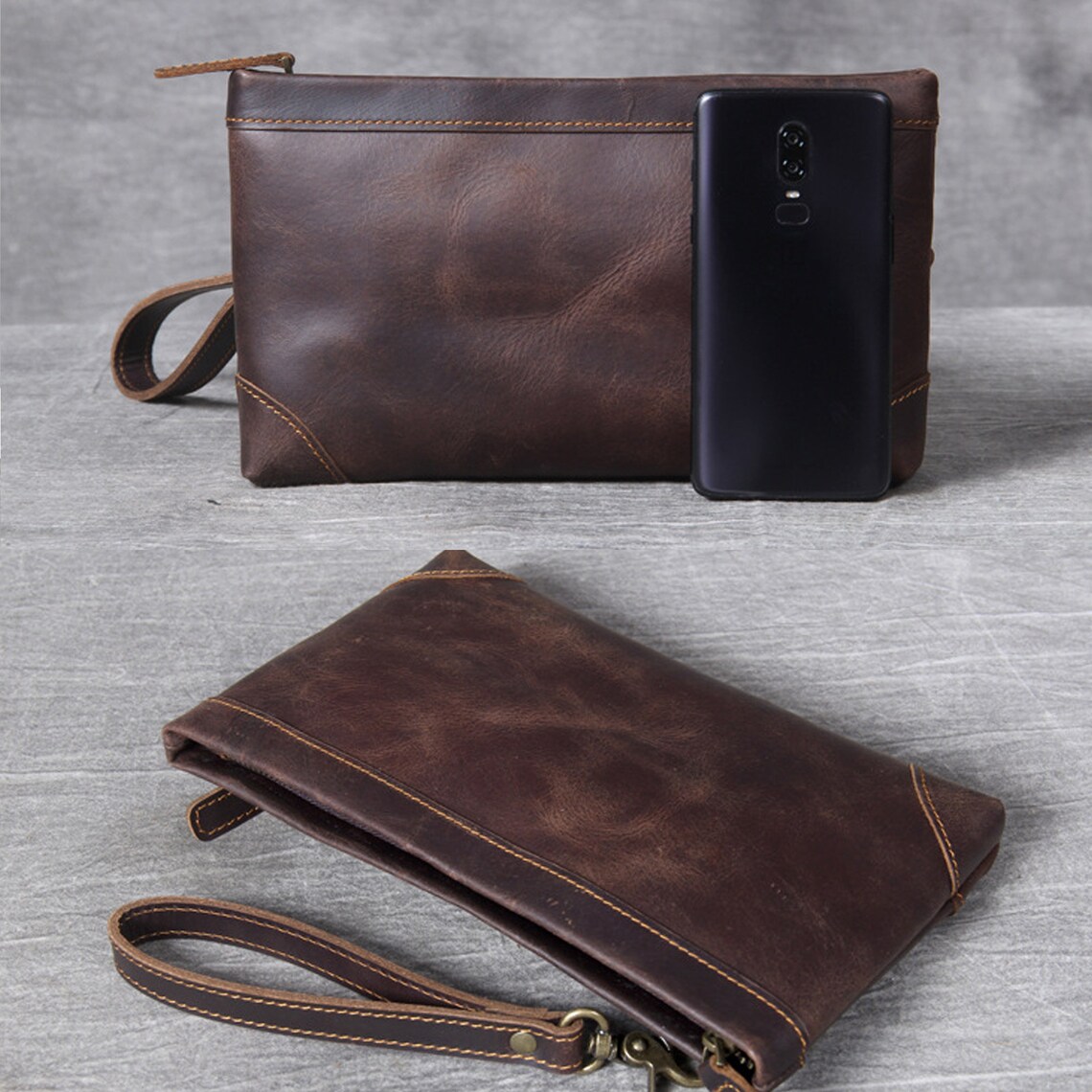 Handmade Men's Clutch Wallet Brown Leather Clutch Bag Etsy