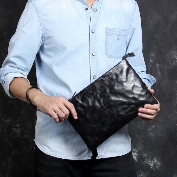 3 Colors Leather Men Clutch Bag Detachable Wrist Strap Large Men