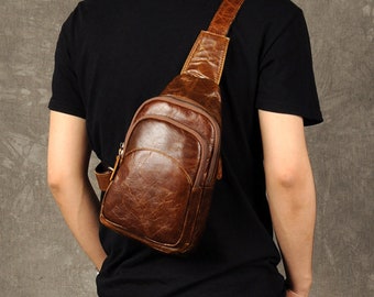 Handmade sling backpack for men, black/brown crossbody sling bag