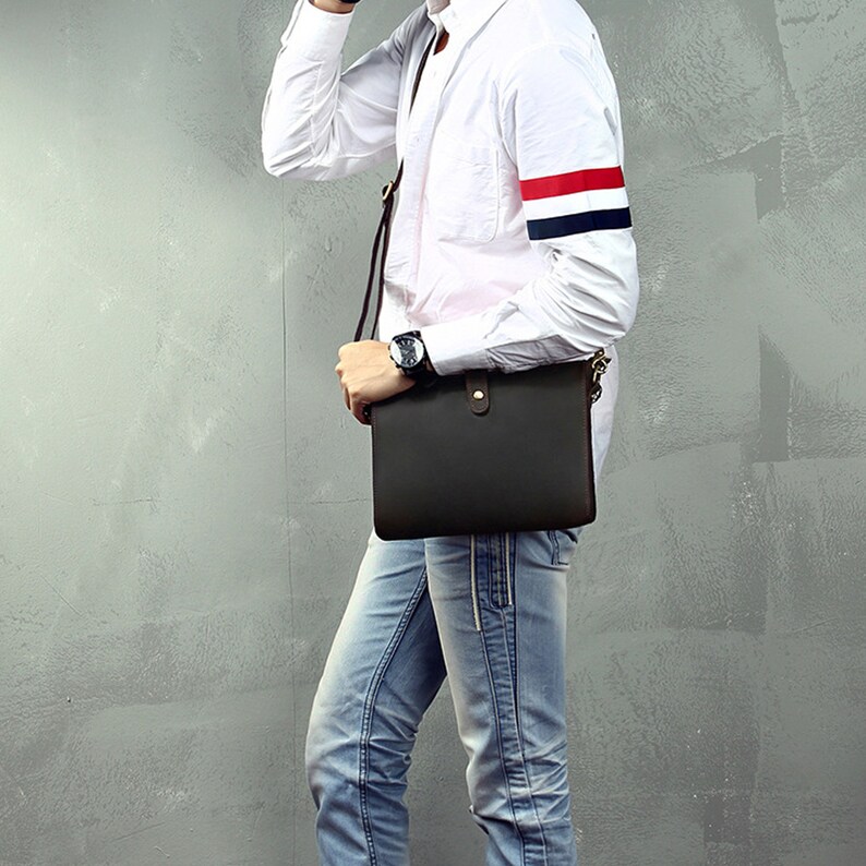Brown leather clutch bag for men, detachable wrist strap, men clutch wallet handmade zdjęcie 10