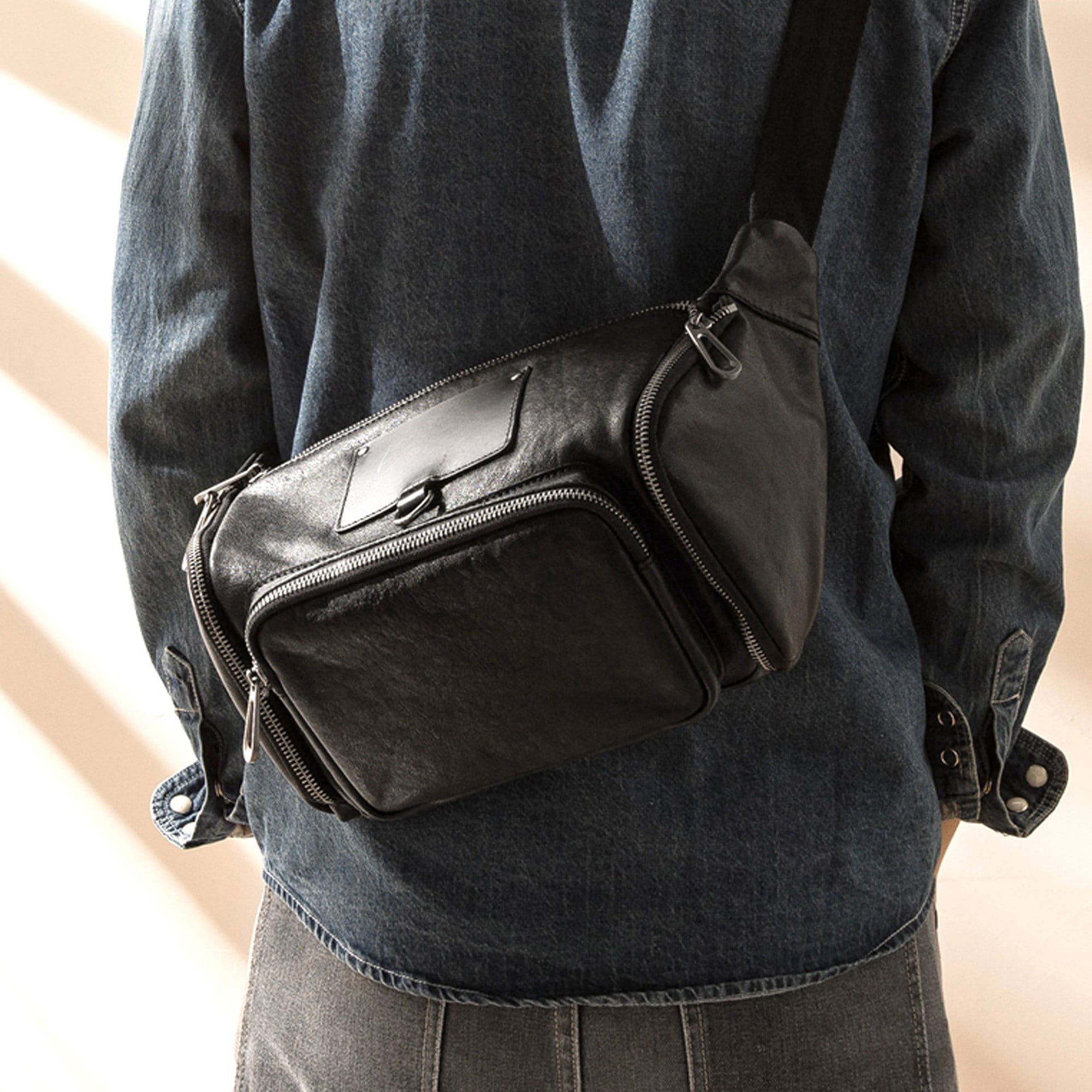 Full Grain Cow Leather Sling Backpack/ Men Crossbody Bag Black - Etsy