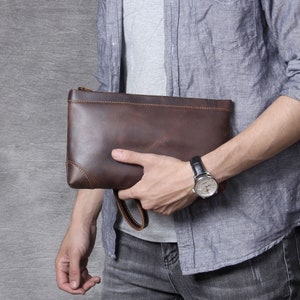 Handmade men's clutch wallet, brown leather clutch bag with wrist strap, large capacity/gift idea