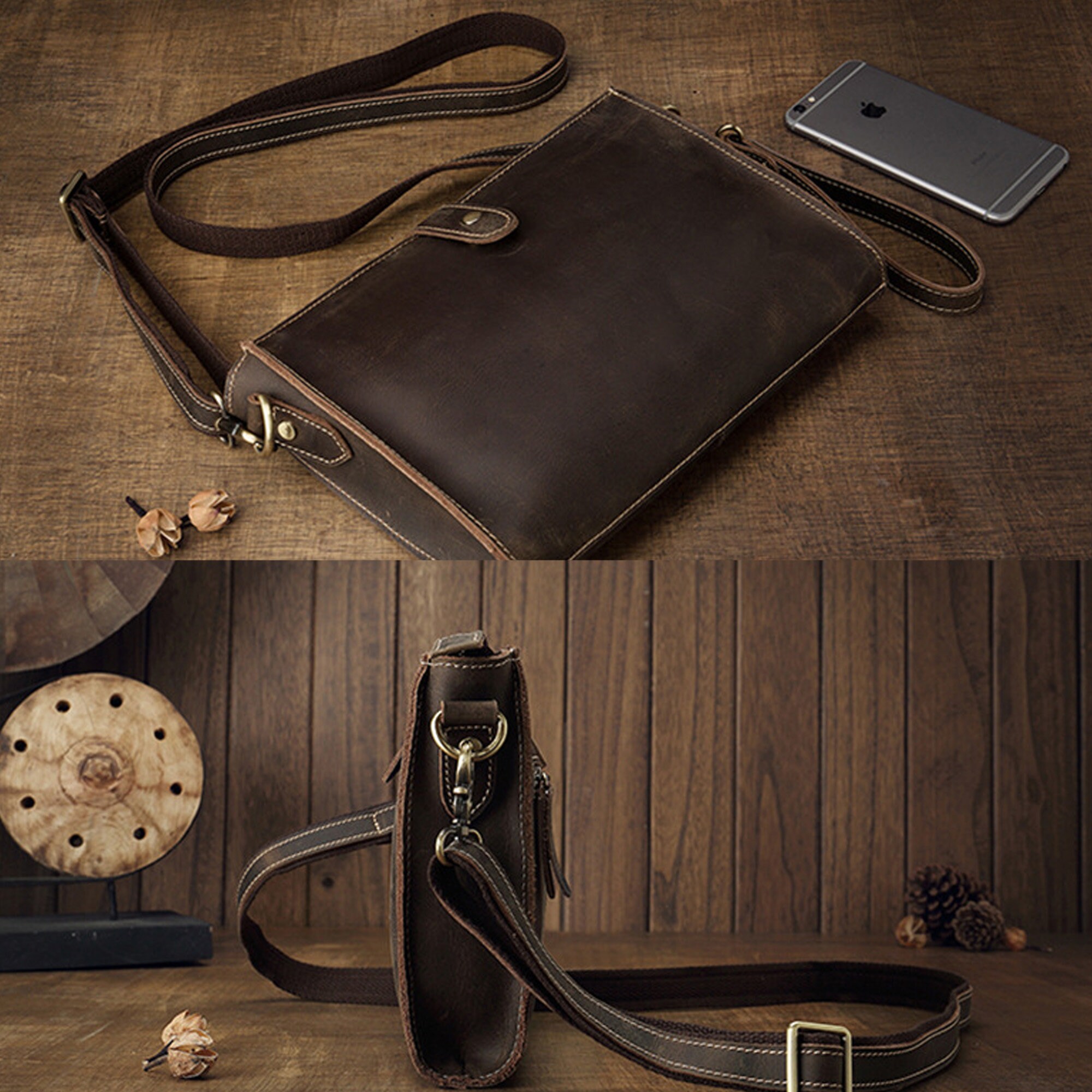 Brown Leather Clutch Bag for Men Detachable Wrist Strap Men Etsy