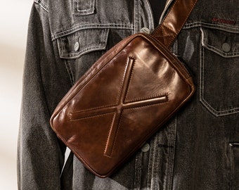 High quality crossbody sling backpack, brown/black leather men sling bag, single shoulder