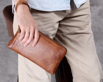 Black/Brown men clutch bag with strap,leather men clutch wallet large for fathers day gift!