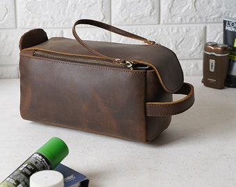 Mens leather toiletry bag, brown Leather dopp kit bag for fathers day gift,handmade mens bathroom bag