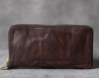 Brown leather men clutch bag, Long men wallet with zipper, cash/card wallet,fathers day gift