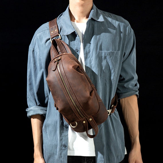 Tan Leather Sling Backpack Shoulder Bag Men. Single Strap 