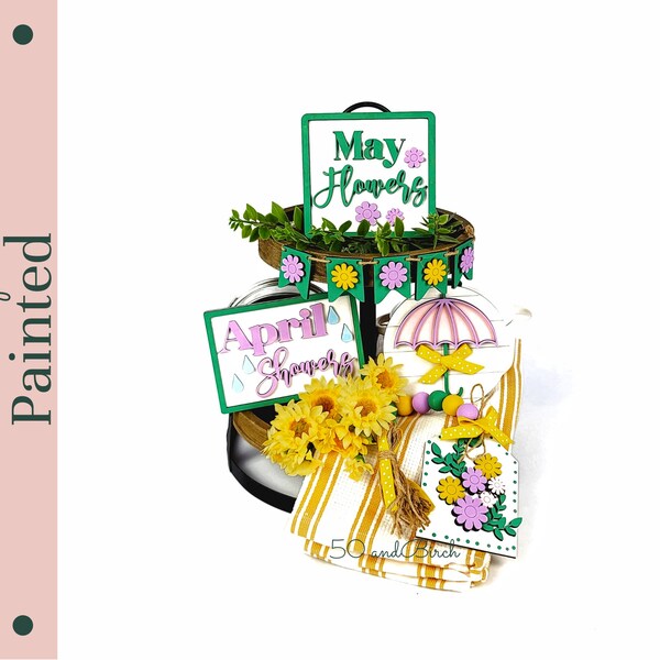 Kitchen Spring Tiered Tray, Spring Flowers, Tiered Tray Bundle, Coffee Bar Decor, Spring Decorations, Mini Wood Signs For Spring Decor