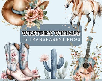 Western Clipart Bundle: Cowgirl, Rodeo, Cactus PNG Graphics (Digital Download)
