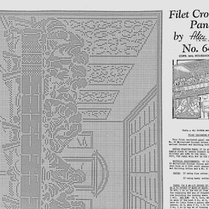 May include: A black and white filet crochet pattern titled Filet Crocheted Panel by Alice Brooks No. 6432. The document includes a grid-based chart depicting a scene, a small illustrative inset, and printed instructions for using cotton thread.