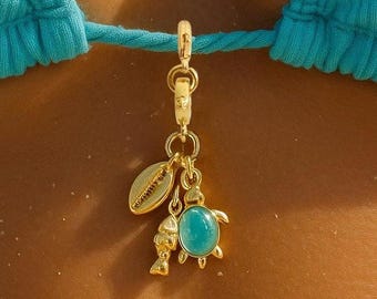 18K Gold Plated Beach Charm | Turtle, Shell & Fish Bikini Charm | Purse Charm | Coastal Keychain | Beachy Summer Accessory