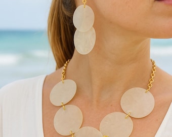 Captive  Shell Statement Set – Caprice shell Disc Necklace & Earrings | Beach Boho Jewelry | Coastal Bride Gift | Lightweight Shell Jewelry
