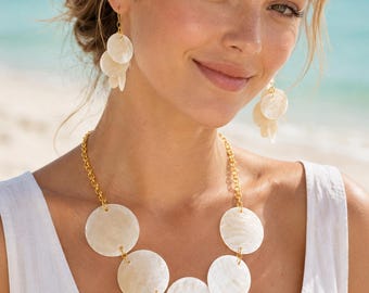 Capriz Shell Statement Set – Capriz shell Disc Necklace & Earrings | Beach Boho Jewelry | Coastal Bride Gift | Lightweight Shell Jewelry