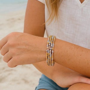 Tri-Color Memory Wire Bracelet | Gold Silver Rose Beaded Wrap Bracelet | Multi-Layer Boho Stack Bracelet | Adjustable Bead Bracelet