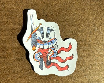 Badger with a Sword Sticker (waterproof fantasy woodland critter vinyl sticker)