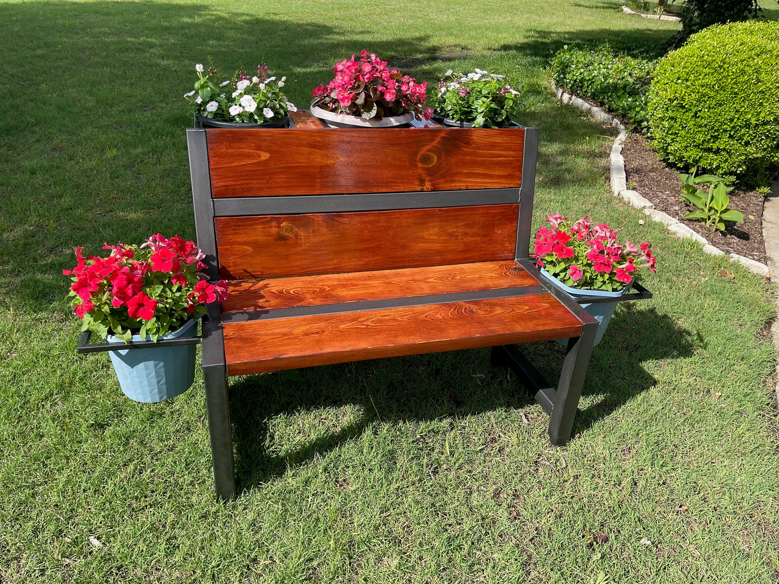 Outdoor Bench With Integrated Flower Pot Holders Wood and Welded Steel
