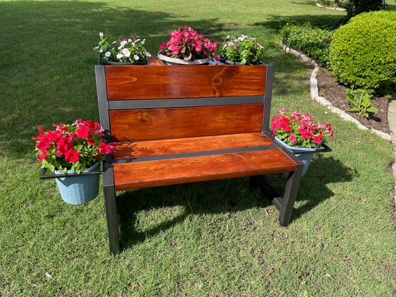 Outdoor Bench With Integrated Flower Pot Holders Wood and Welded