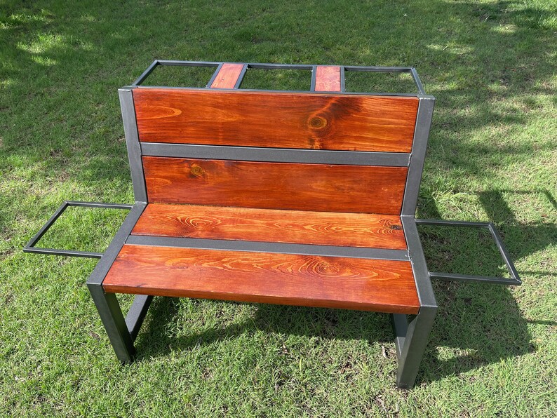 Outdoor Bench With Integrated Flower Pot Holders Wood and Welded Steel