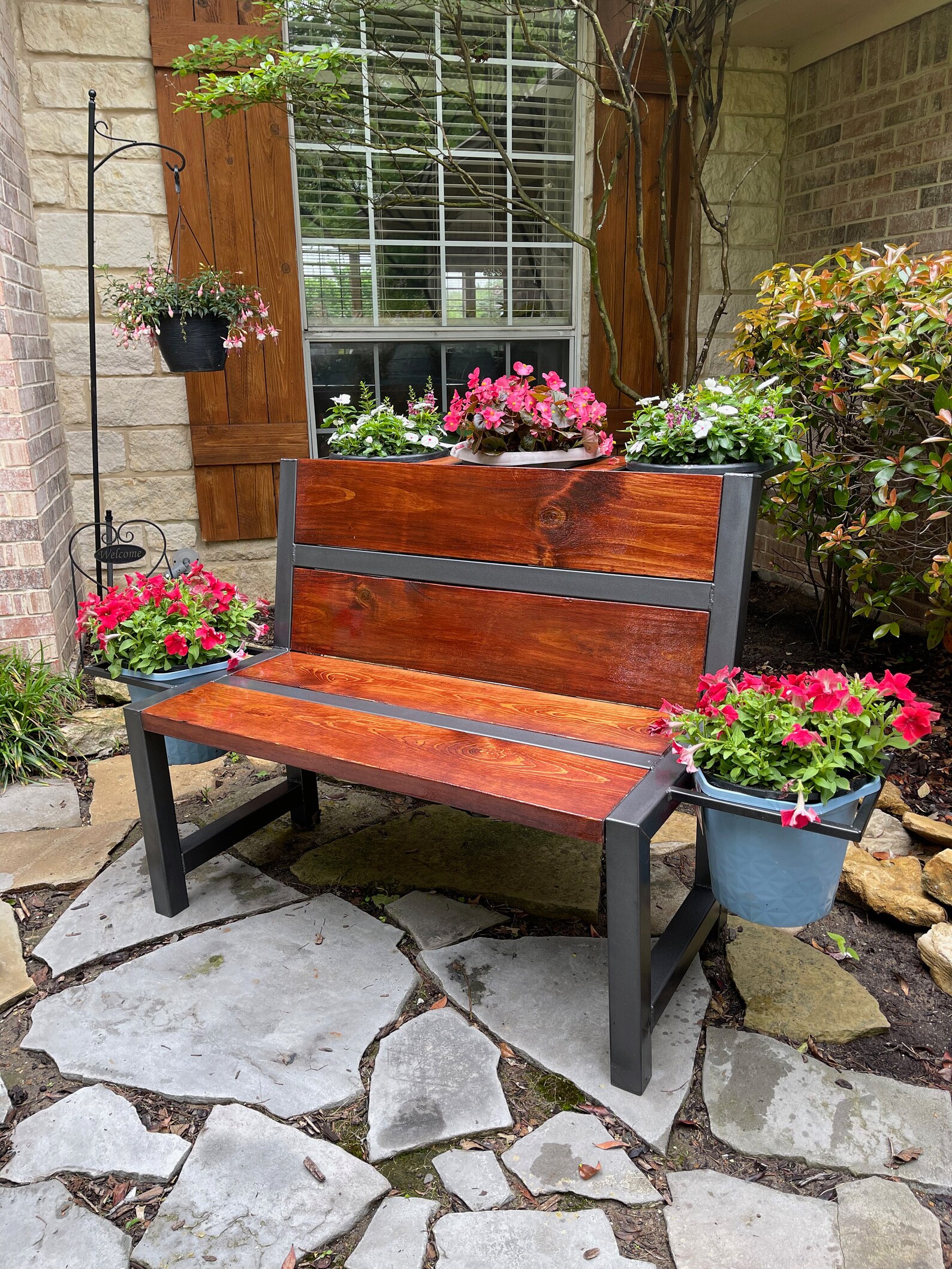Outdoor Bench With Integrated Flower Pot Holders Wood and Welded Steel