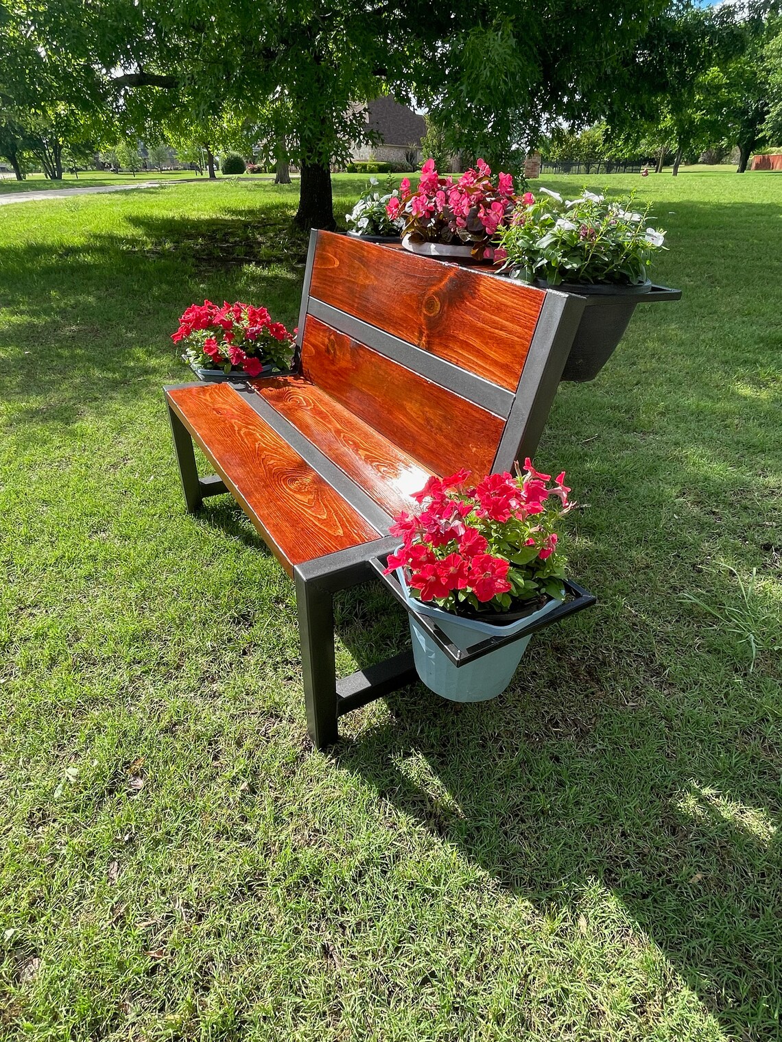 Outdoor Bench With Integrated Flower Pot Holders Wood and Welded Steel