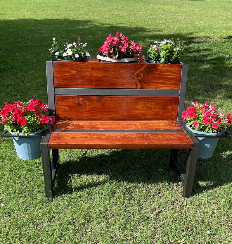 Outdoor Bench With Integrated Flower Pot Holders Wood and Welded Steel