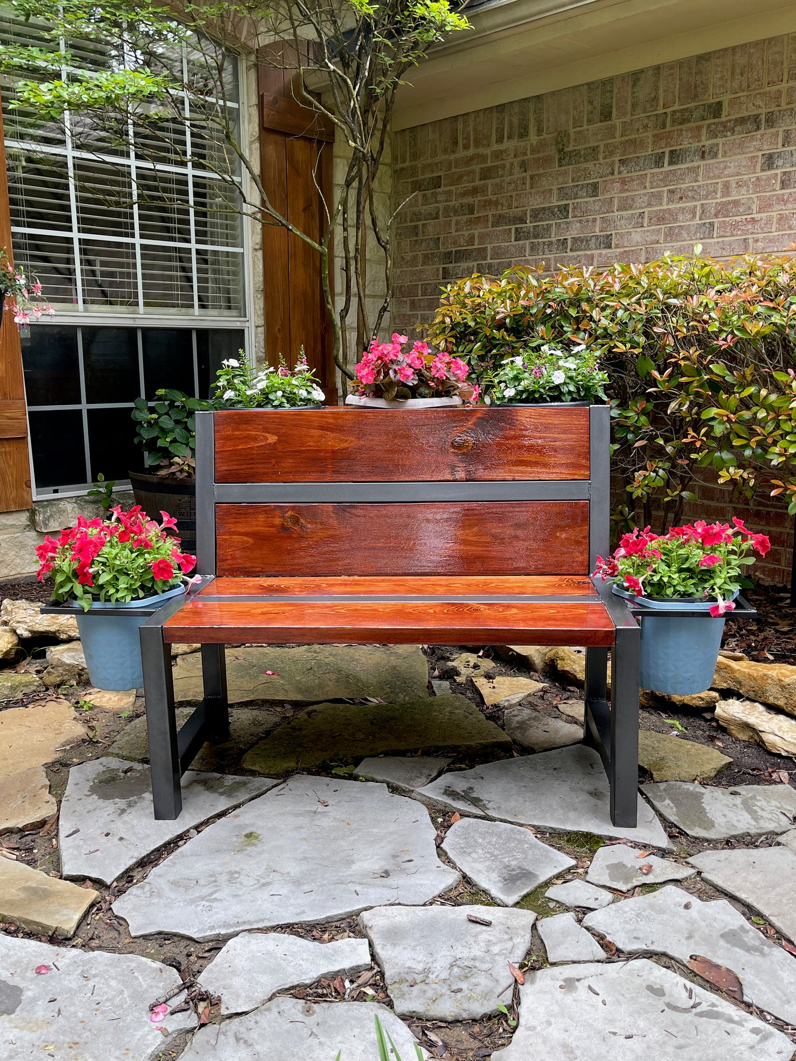 Outdoor Bench With Integrated Flower Pot Holders Wood and Welded Steel