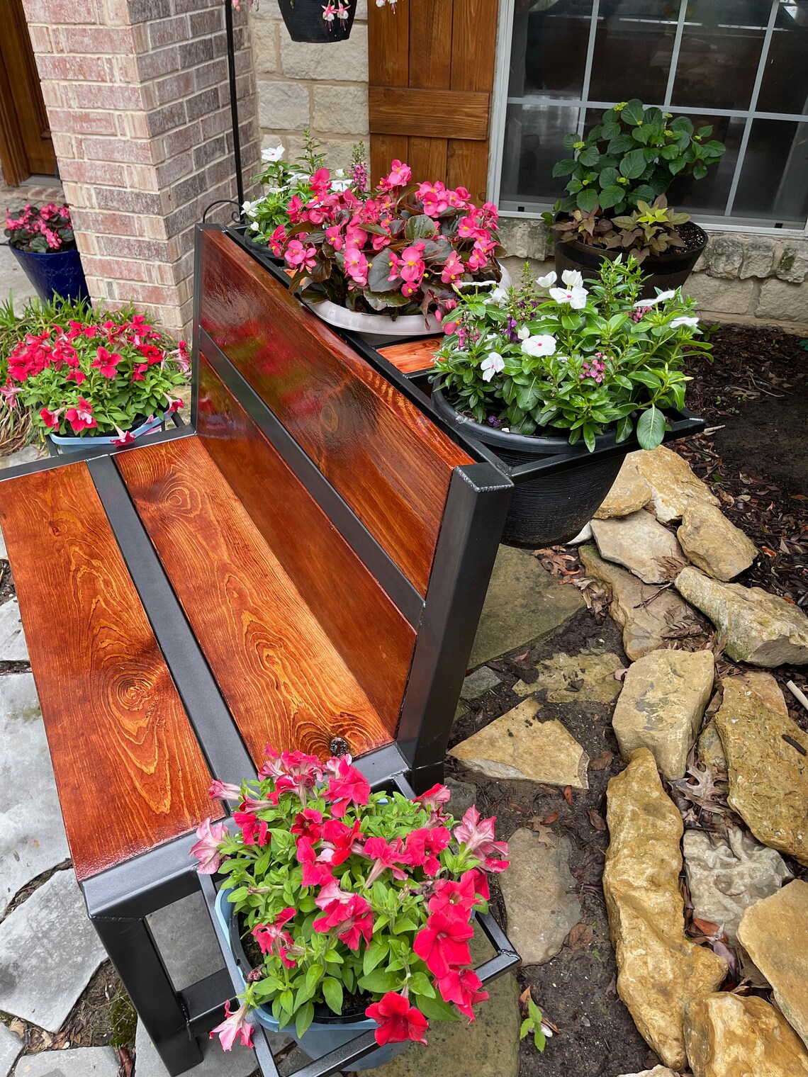 Outdoor Bench With Integrated Flower Pot Holders Wood and Welded Steel
