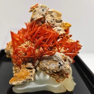 Könnte beinhalten: Ein leuchtend orangefarbener Wulfenit-Kristallcluster auf einer Matrix aus beigem und braunem Gestein. Die Kristalle sind scharf definiert und strahlen nach außen. Das Exemplar wird auf einem schwarzen Tablett präsentiert, das die natürliche Schönheit des Minerals hervorhebt.