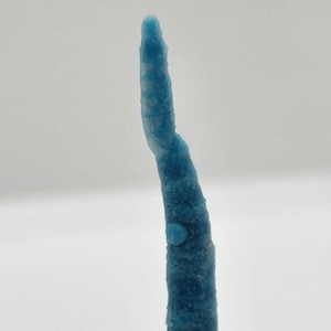 Könnte beinhalten: Nahaufnahme eines blauen, strukturierten, länglichen Objekts vor weißem Hintergrund. Das Objekt hat eine raue, unebene Oberfläche und einen kleinen, runden Vorsprung. Die Farbe ist ein lebendiges, sattes Blau.