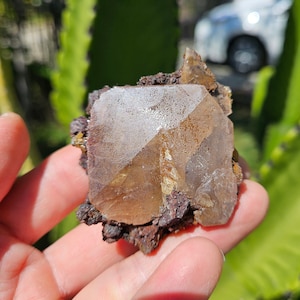 Könnte beinhalten: Ein großer, klarer, brauner und weißer Kristall mit einer rauen, strukturierten Oberfläche. Der Kristall ist in eine Matrix aus dunkelbraunem Gestein eingebettet.