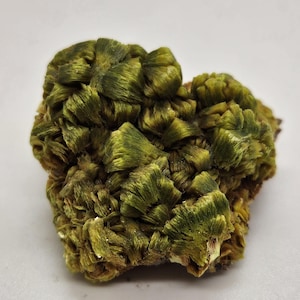 Puede incluir: Primer plano de un espécimen mineral con una estructura fibrosa en capas. El mineral muestra una gama de tonos verdes y marrón amarillento, con una apariencia texturizada, casi plumosa. La muestra se encuentra sobre un fondo blanco liso.