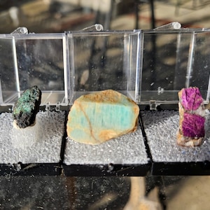 Three (3) Vintage South African Thumbnails in Perky boxes! Purpurite, Amazonite, Chalcocite