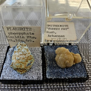 Könnte beinhalten: Zwei Mineralproben in Vitrinen. Die linke Vitrine enthält ein grünes und braunes Planerit-Phosphat aus den Mauldin Mountains, Mt. Ida, Arkansas. Die rechte Vitrine enthält ein hellbraunes Smithsonit, auch bekannt als "Truthahnfett", aus Rush, Arkansas. Das Etikett auf der rechten Vitrine enthält das Datum 5-19-01.
