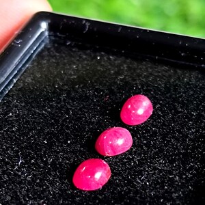 May include: Three small, oval-shaped, vibrant pinkish-red gemstones with a smooth, polished cabochon finish. These three loose stones are arranged in a diagonal line and are displayed inside a black plastic case with a textured black foam insert.